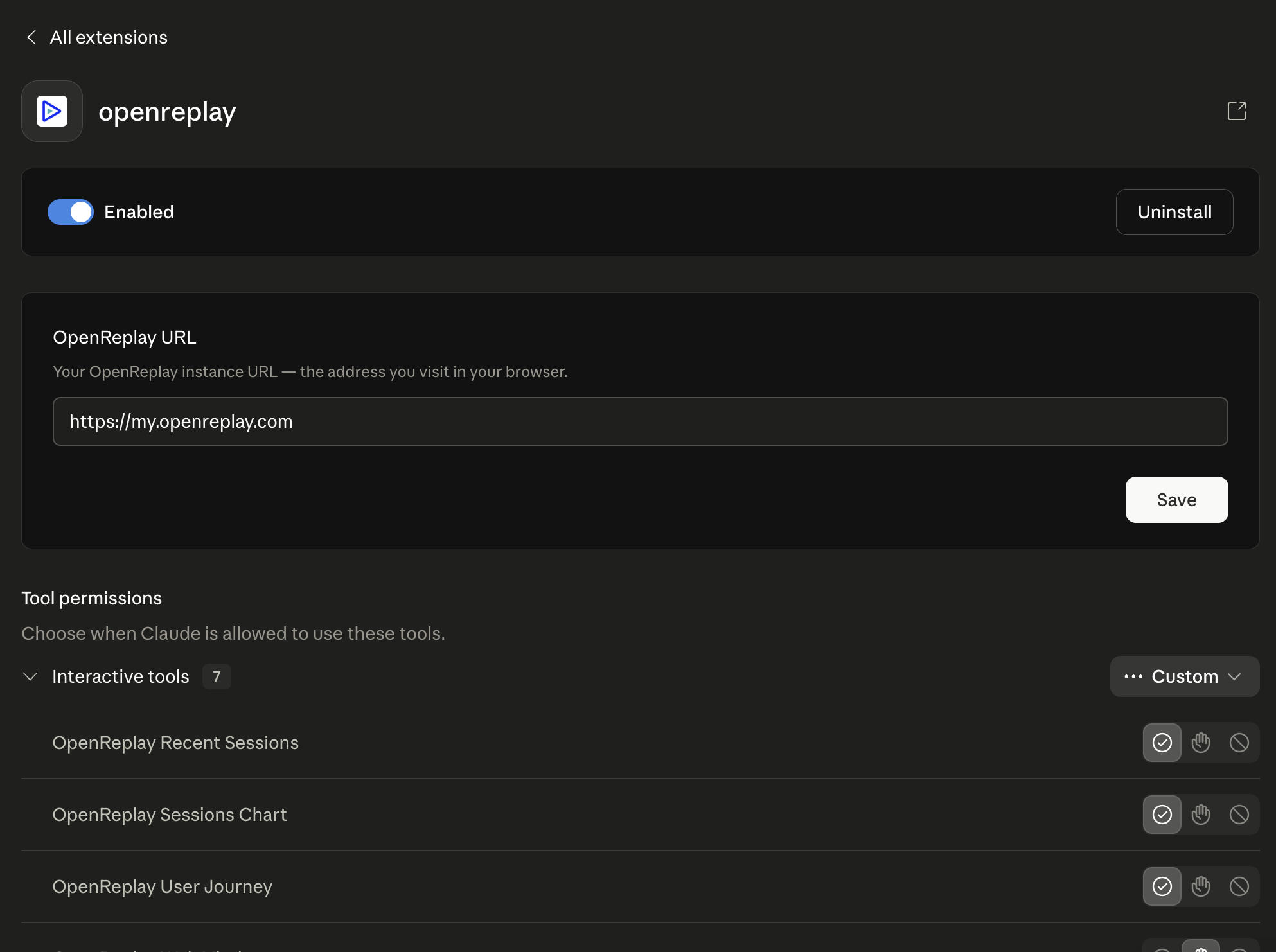 Configuring the OpenReplay URL in the MCP app settings