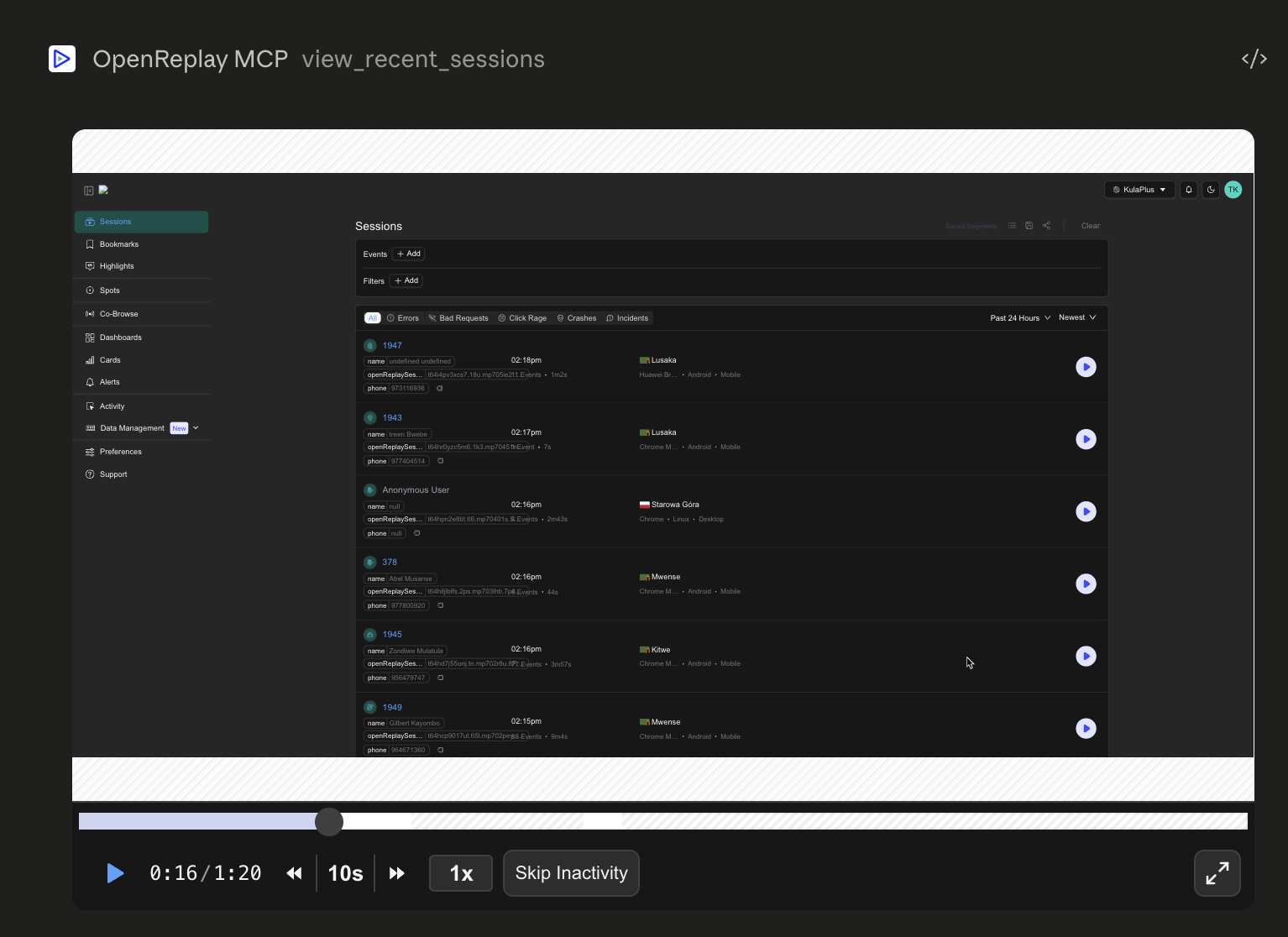 A session replay rendered inline inside Claude Desktop