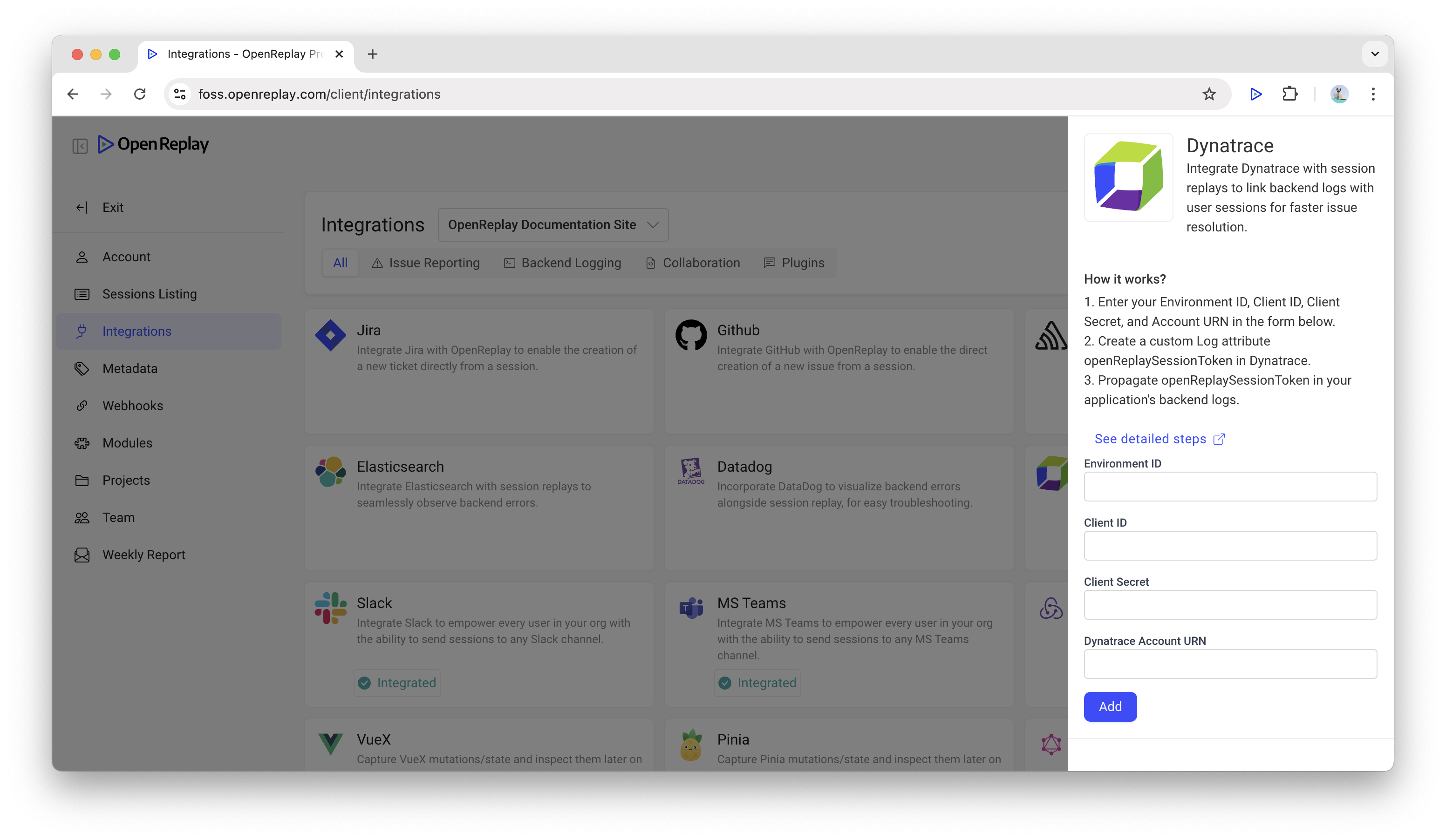 Dynatrace Integration in OpenReplay