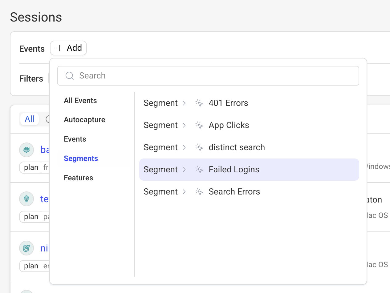 Segment applied to session search