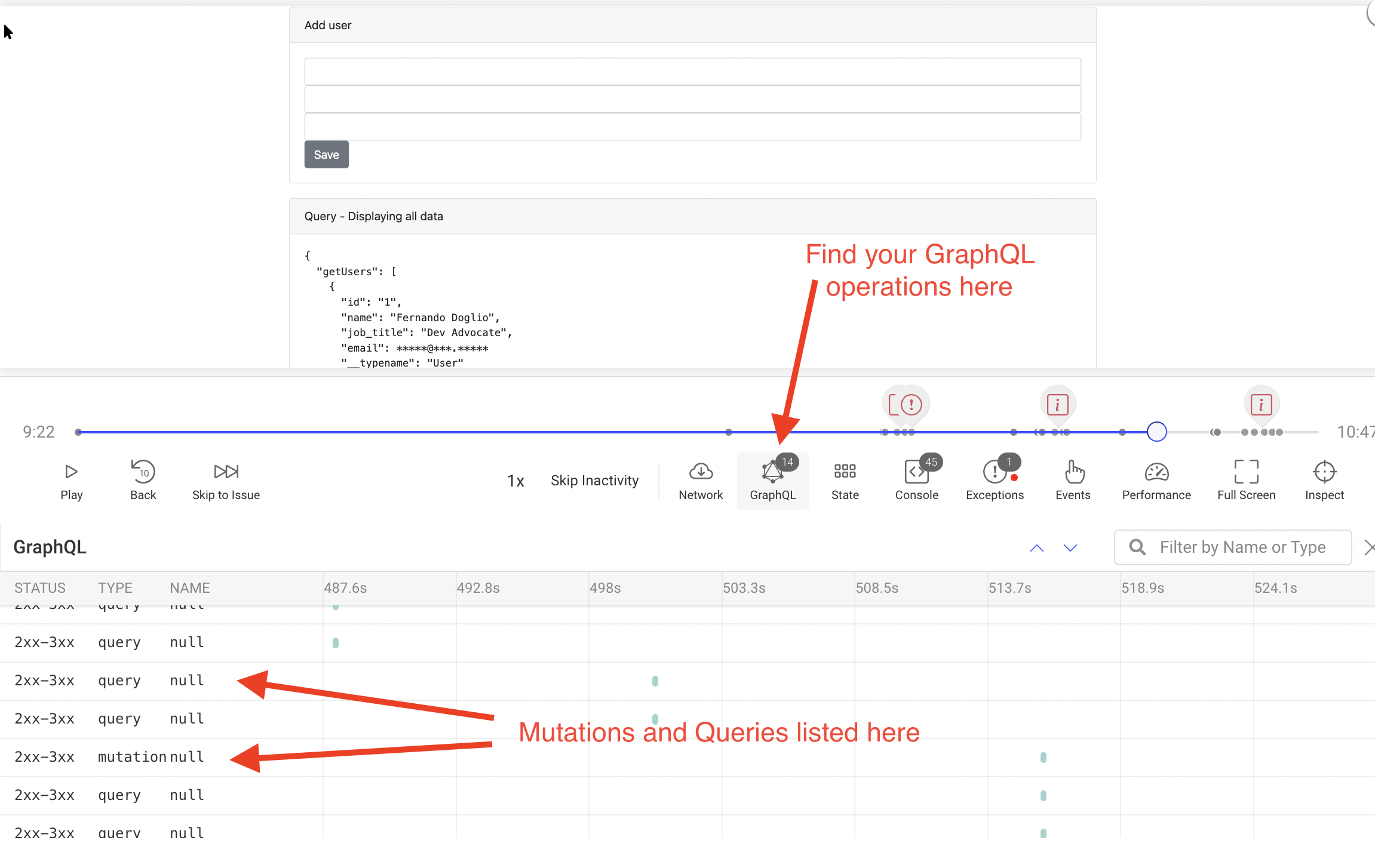 The GraphQL UI inside the Session Replay